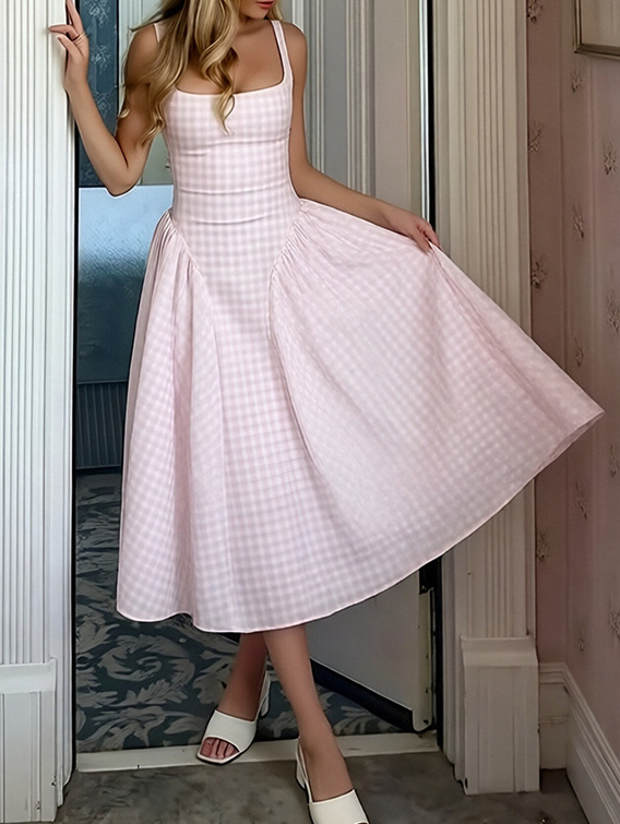 Square Neck Polka Dot Waisted A-Line Midi Dress