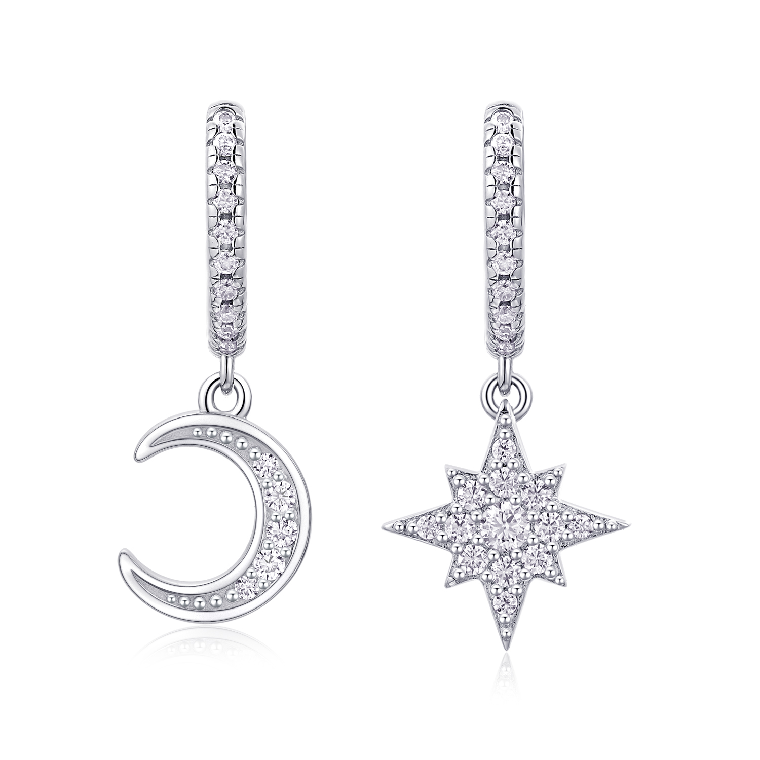 S925 Sterling Silver Star And Moon Huggie Drop Earrings, D-VVS1 Moissanite, Platinum Plated 4.2g Women's Celestial Jewelry Gift Box
