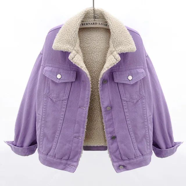 Lamb Wool Thickened Plus Velvet Denim Jacket Women Purple - Shop at LoveMi