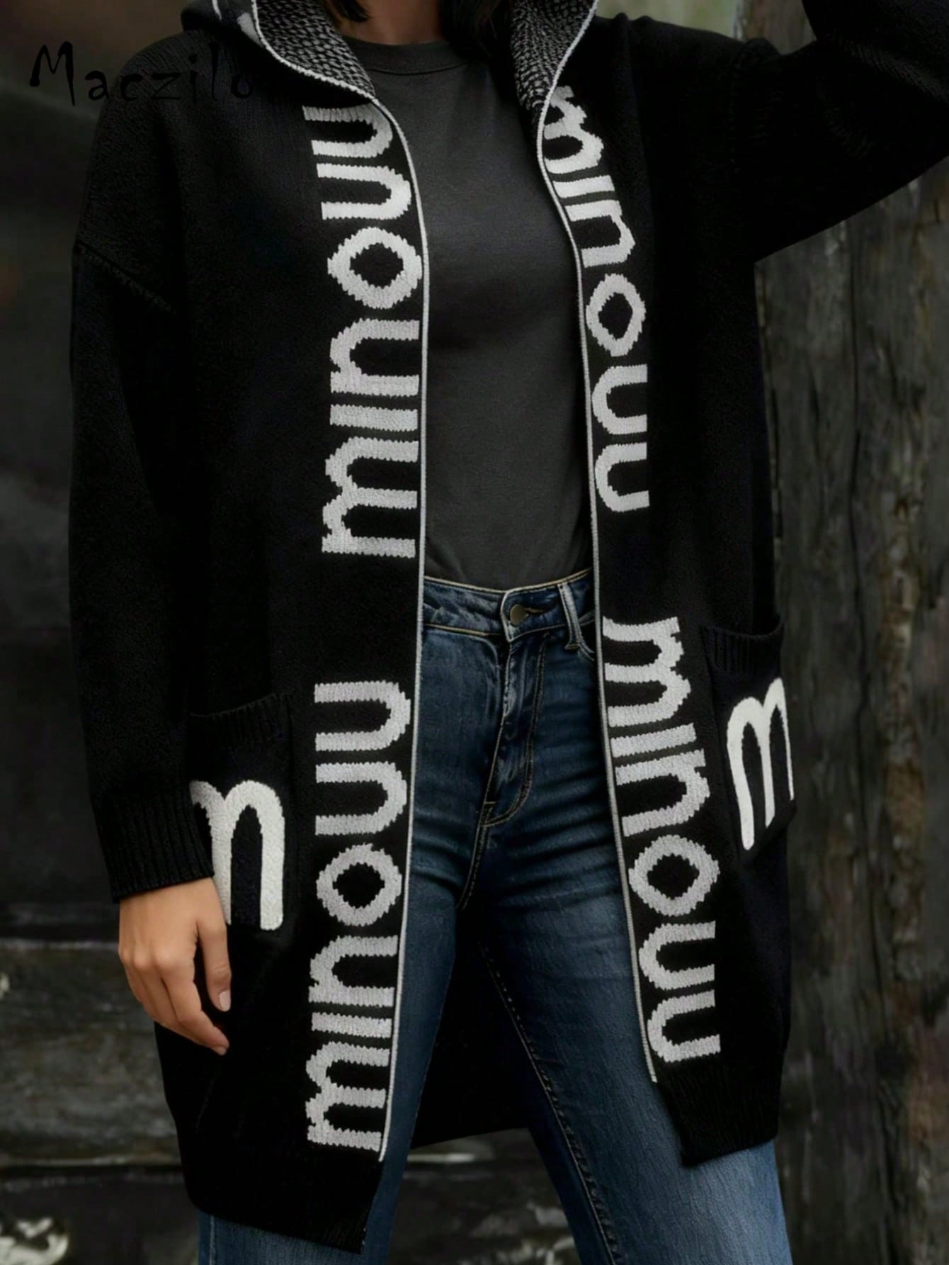 Women Loose Mid-Length Hooded Knit Cardigan, Contrast Letter Jacquard Pockets Lazy Style Thick Sweater Coat For Fall Winter