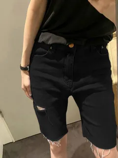 Pants Plus Size Sister Personality Wide-leg Ripped Denim Five-point Pants - Black - View 1