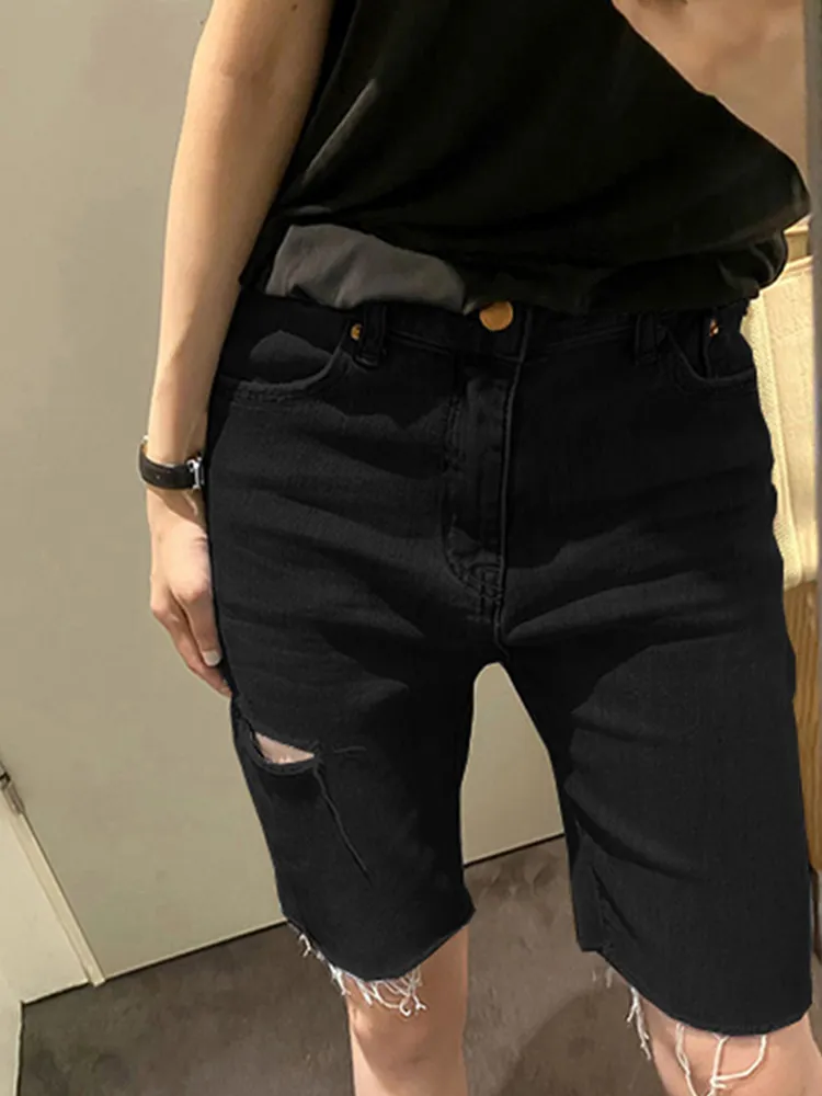 Pants Fat Sister Personality Wide-leg Ripped Denim Five-point Pants - Black