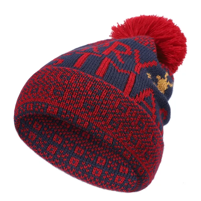 Christmas Elk Fur Ball Print Knitted Christmas Hat Wine Red - Shop at LoveMi