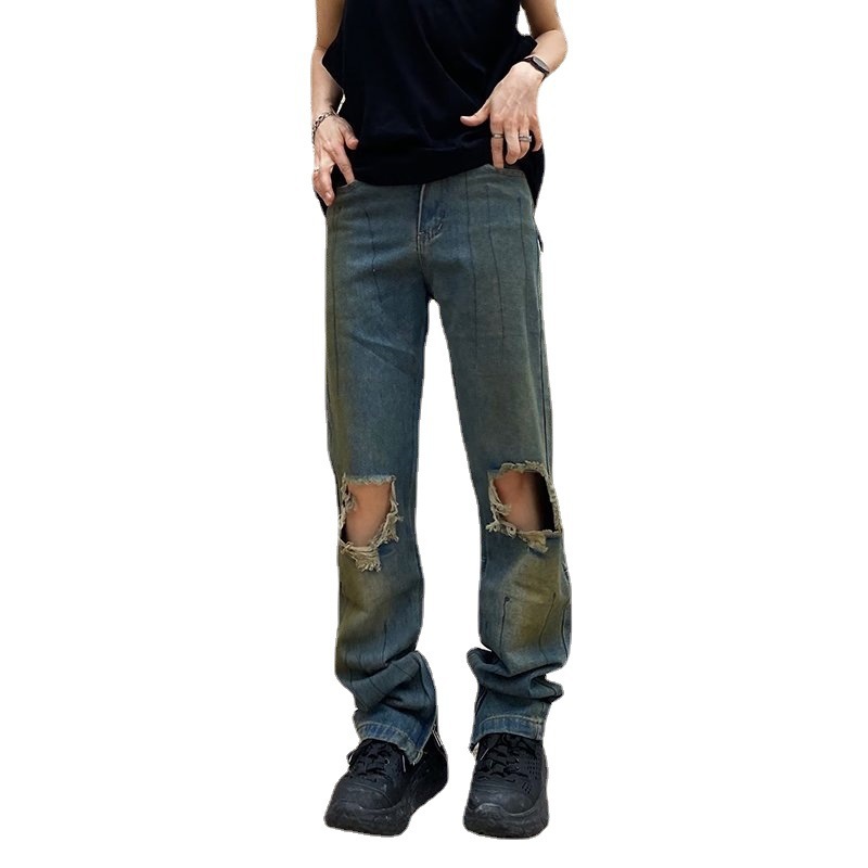 Vintage Light Color Zippered Ripped Jeans Men