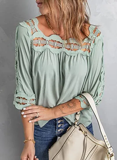 Female Lace Stitching Loose Leisure Five Point Sleeve Green - Shop at LoveMi