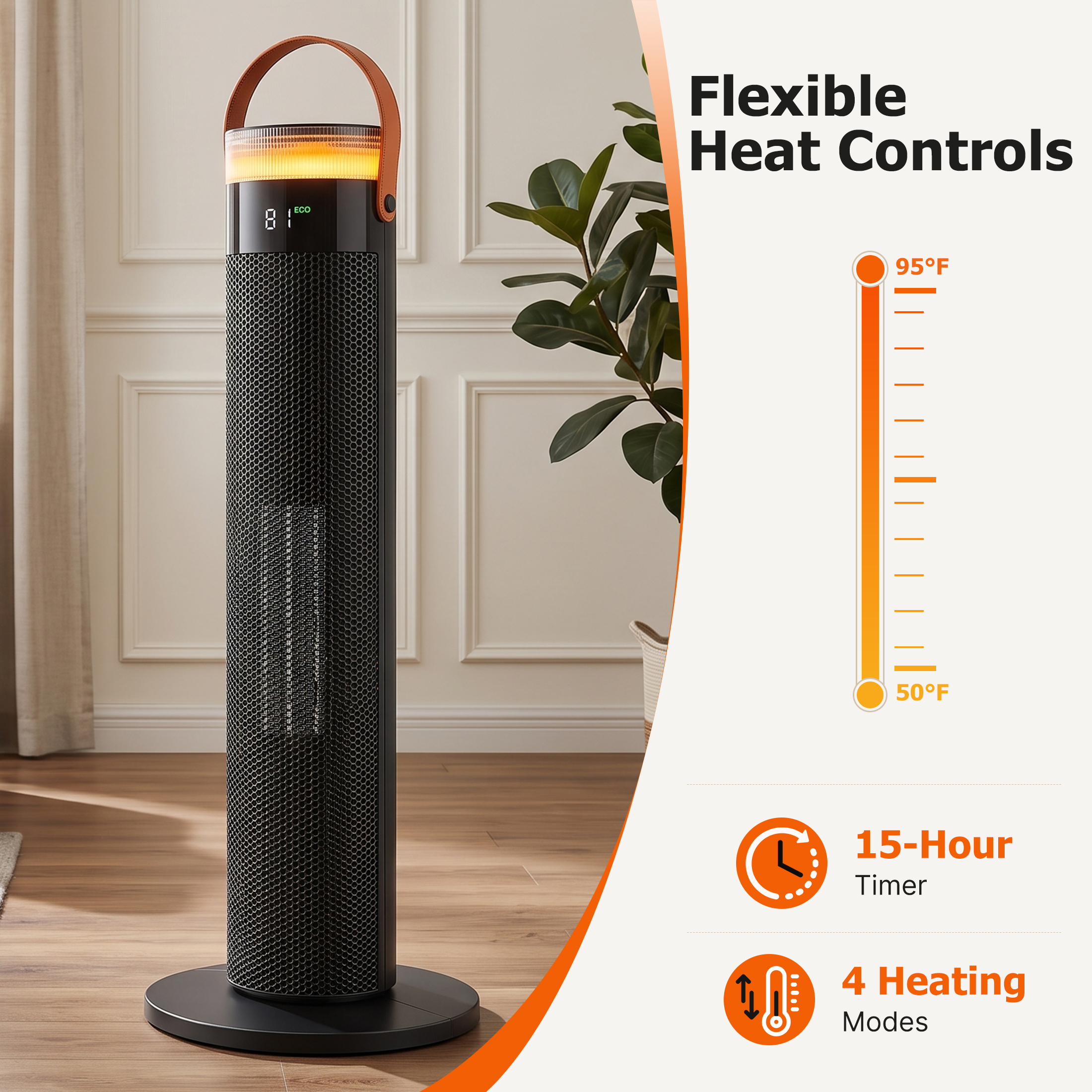 LED Ceramic Tower Heater, 1500W Dual DC Motor Space Heater With Remote, 15H Timer, Overheat & Tip-Over Protection For Bedroom Office image 4