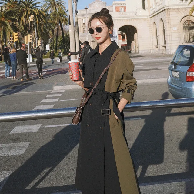 Loose Contrast Stitching Mid length Trench Coat Green - Shop at LoveMi