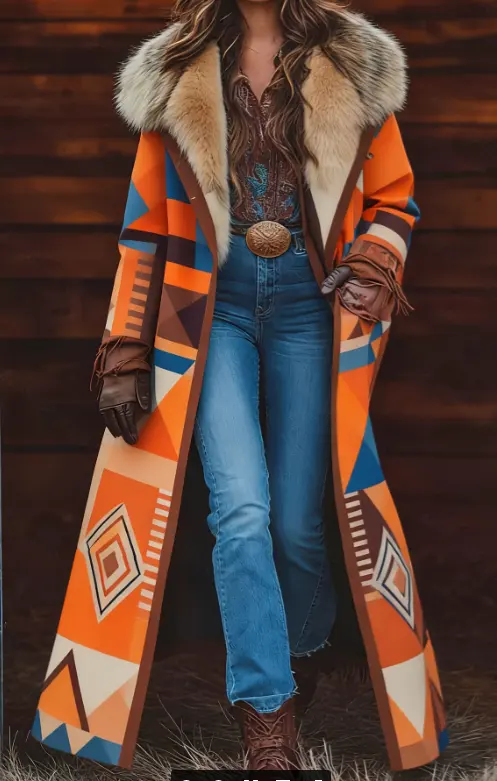 Fashion Retro Women's Coat, Warm Printed Long