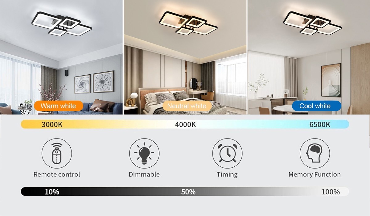 54W Modern LED Ceiling Light Dimmable Black Chandelier Living Room Romote