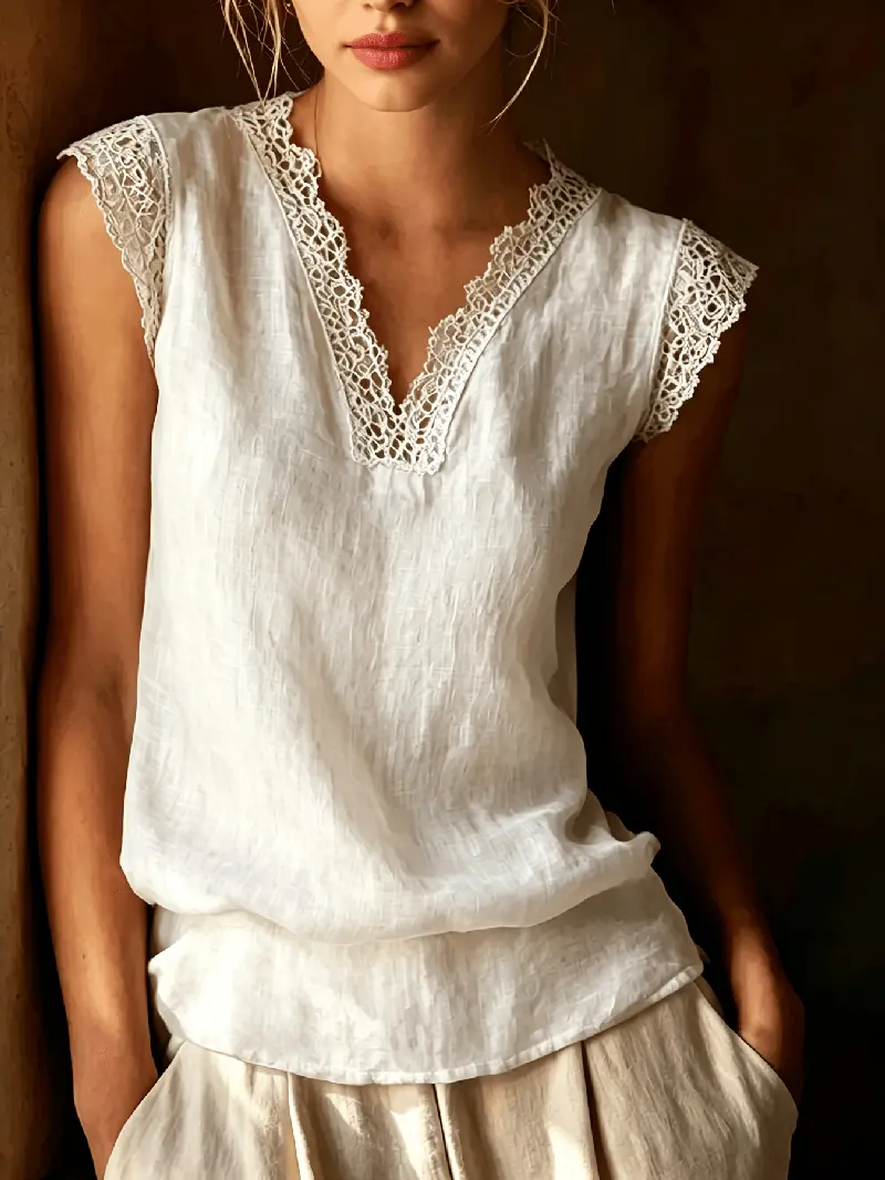 Women's Lace Trim V-Neck Sleeveless Blouse