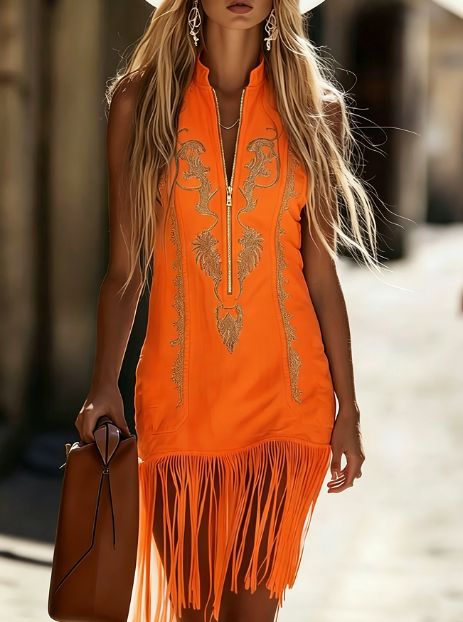 Stand-up Collar Zipper Fringe Dress