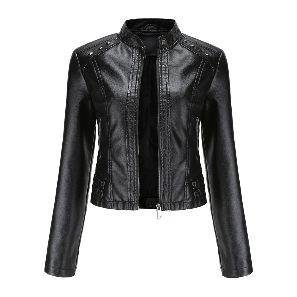 Studded Leather Women Short Jacket Long Sleeves Black - Shop at LoveMi