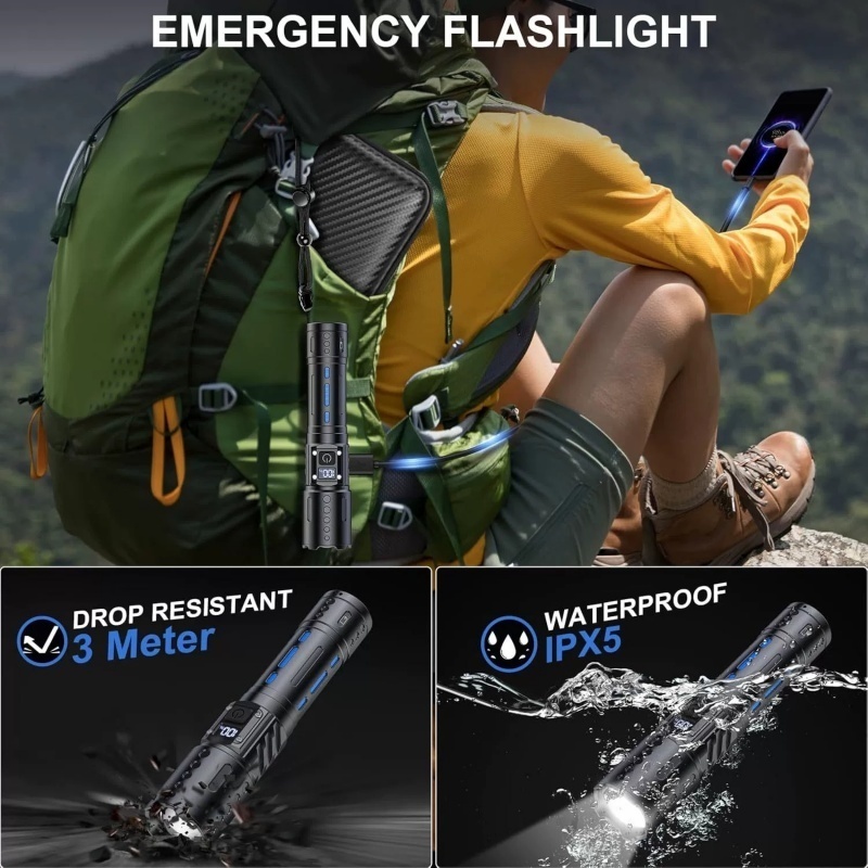 Rechargeable Ultra Bright Flashlight 3000mAh Lasting IP67 Waterproof Smart Digital Display For Camping