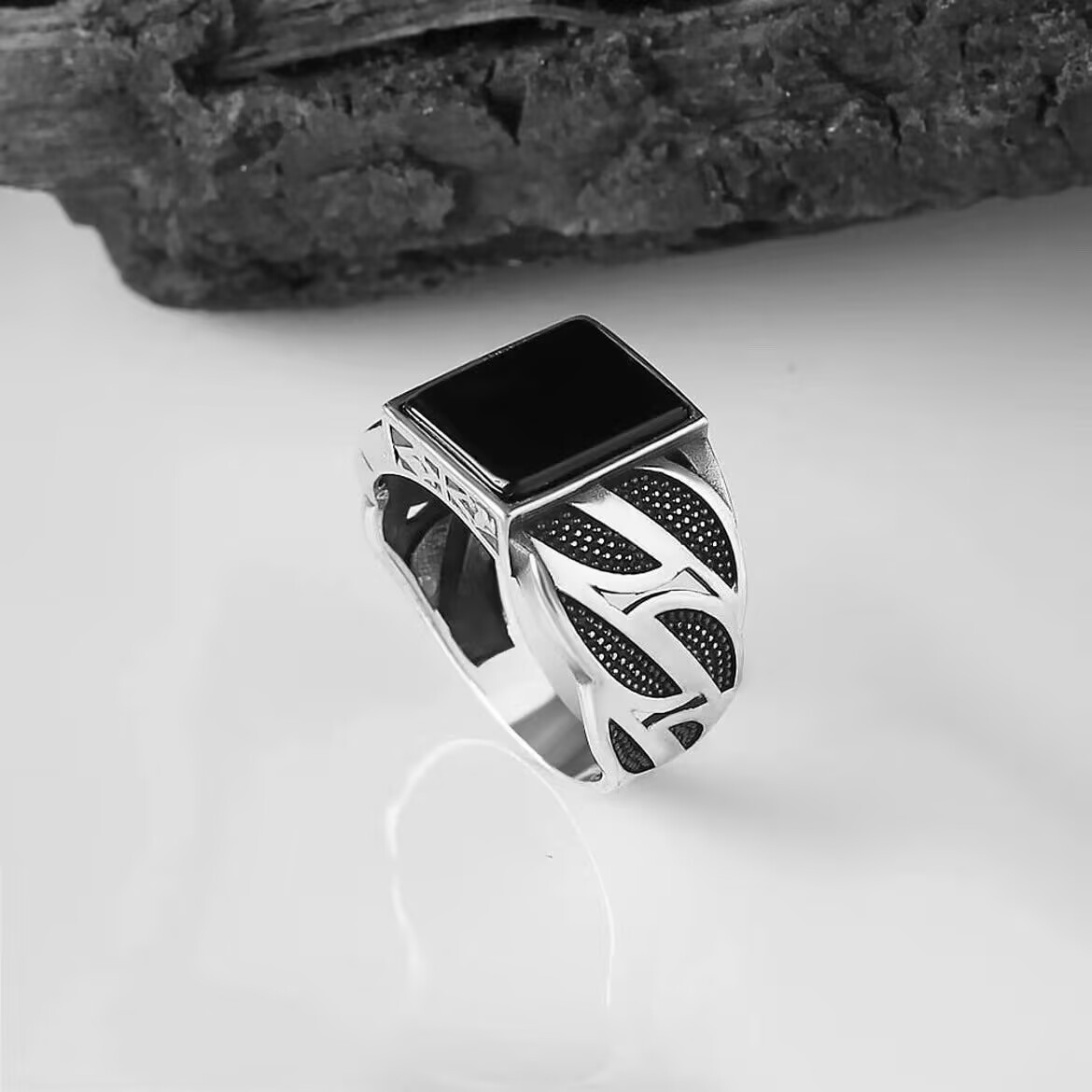 2026 Men Ring Simple Fashion Square Zircon Black Men Ring Striped Band Finger Ring Factory Direct Supply