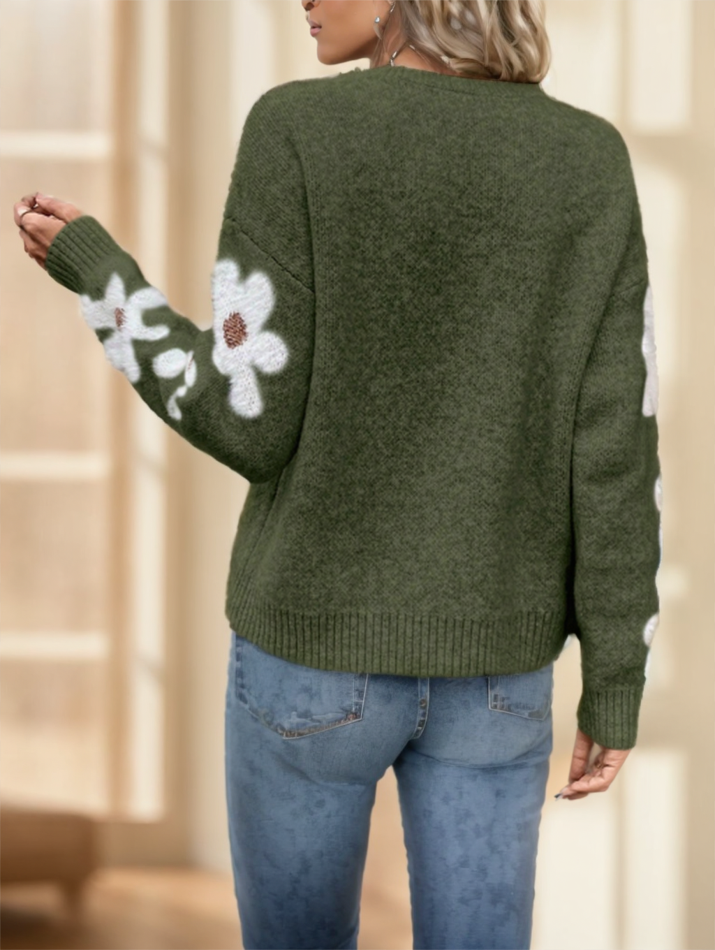 Floral Pattern Drop Shoulder Sweater,Long Sleeve Tops