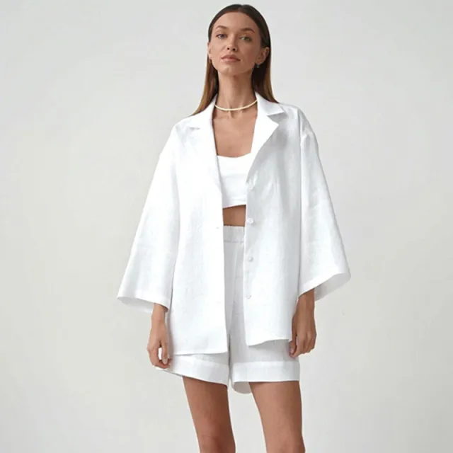 Loose Fitting Single Breasted Shirt High Waisted Straight Leg Pants White - Shop at LoveMi