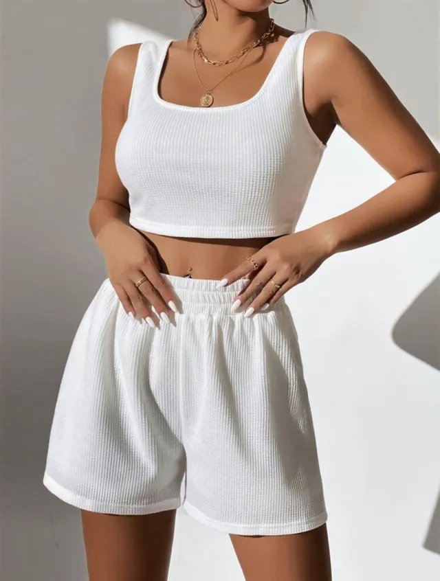 Casual Women's Knitted Cotton Sleeveless Homewear Suit White - Shop at LoveMi