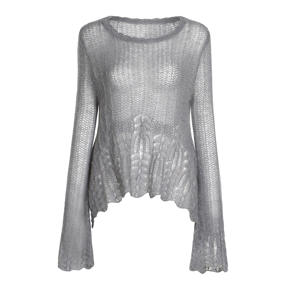 Title 2, Solid Color Hollow Loose Pullover Cardigan Ruff...