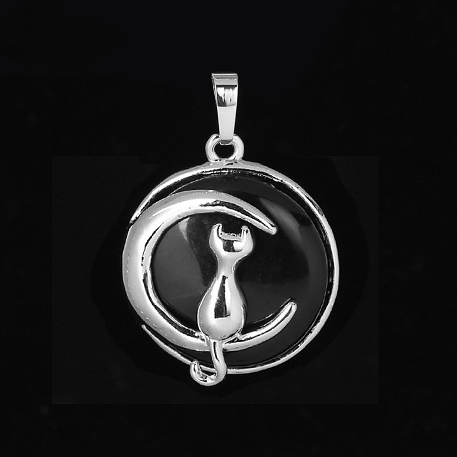 Pussycat With Moon Natural Stone Pendant Hollowed Out Back Crystal Ornament
