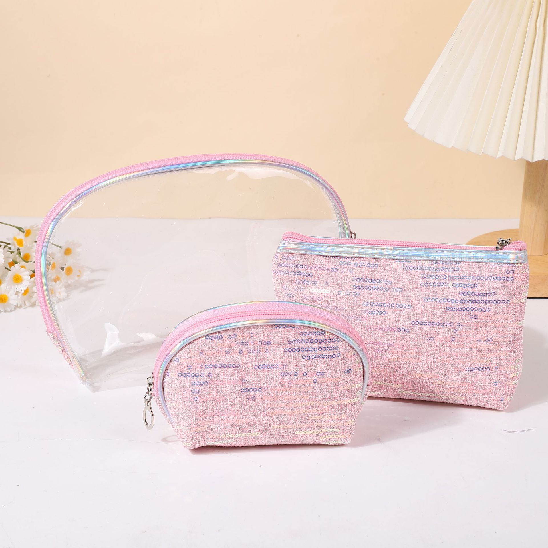 Makeup Bag, Hand-held Bag, Three Piece Set, Transparent PVC, Large Capacity, Waterproof, Portable, Travel Grooming Bag, Glitter