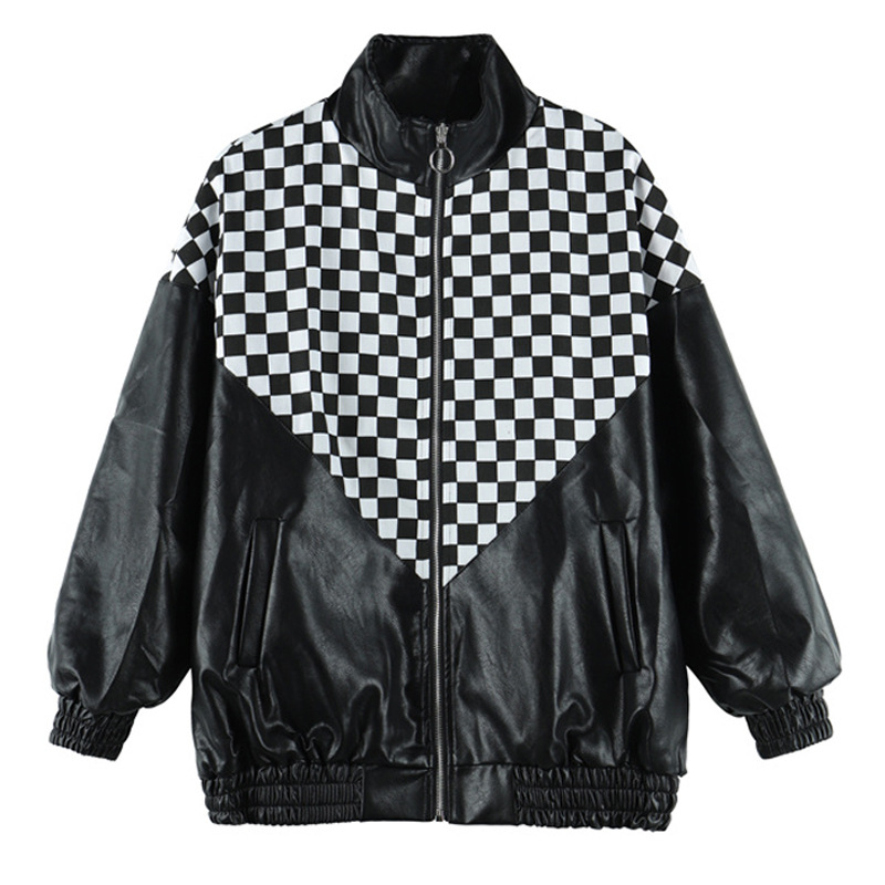 Black And White Plaid Stitching Leather Jacket PU White - Shop at LoveMi