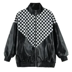 Black And White Plaid Stitching Leather Jacket PU - Black - View 1