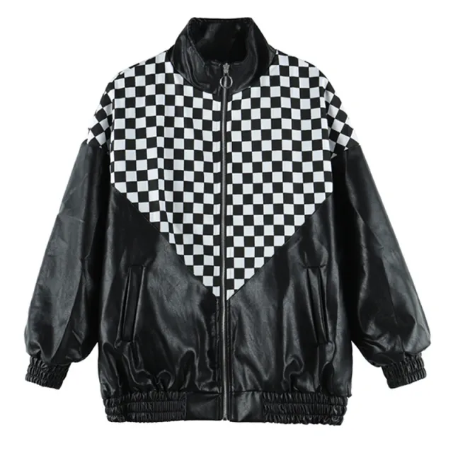 Black And White Plaid Stitching Leather Jacket PU Black - Shop at LoveMi