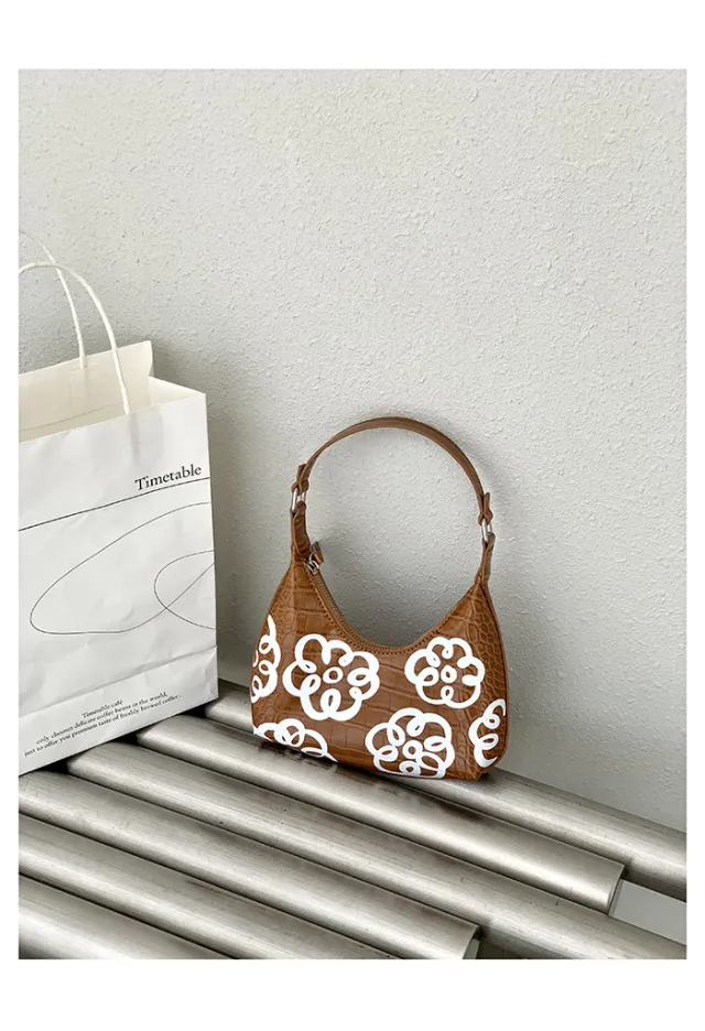 Korean Niche Design Summer Flower Graffiti Pattern Handbag New One shoulder Underarm Bag Trendy Female Diagonal Bag Brown - Shop at LoveMi