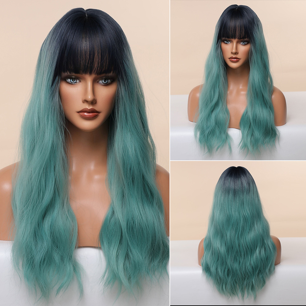 Anime Air Bangs Big Wave Purple Wig Gradient Green - Shop at LoveMi