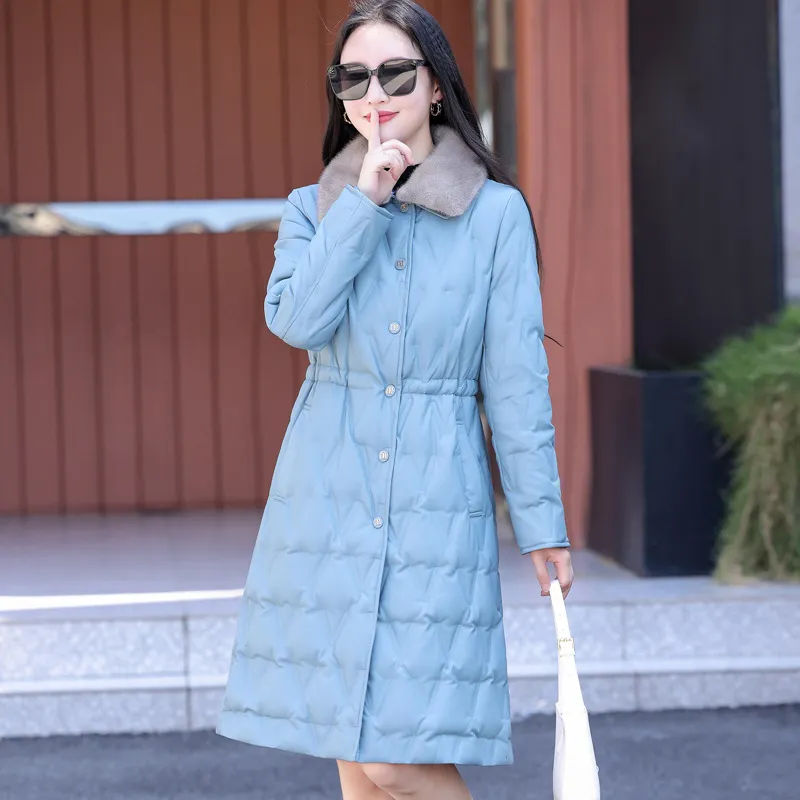 Wool Collar Fitted White Duck Down Warm Leather Coat - Blue