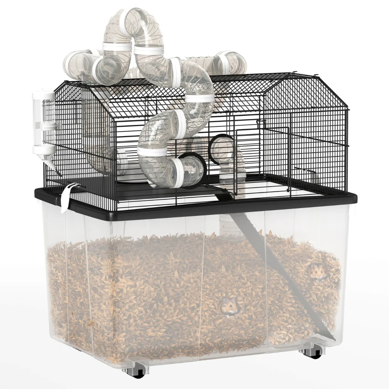 2 Tier Hamster Cage With 12 Deep Tray, Tube System, Water Bottle, Ramp, Feeding Bowl, Black