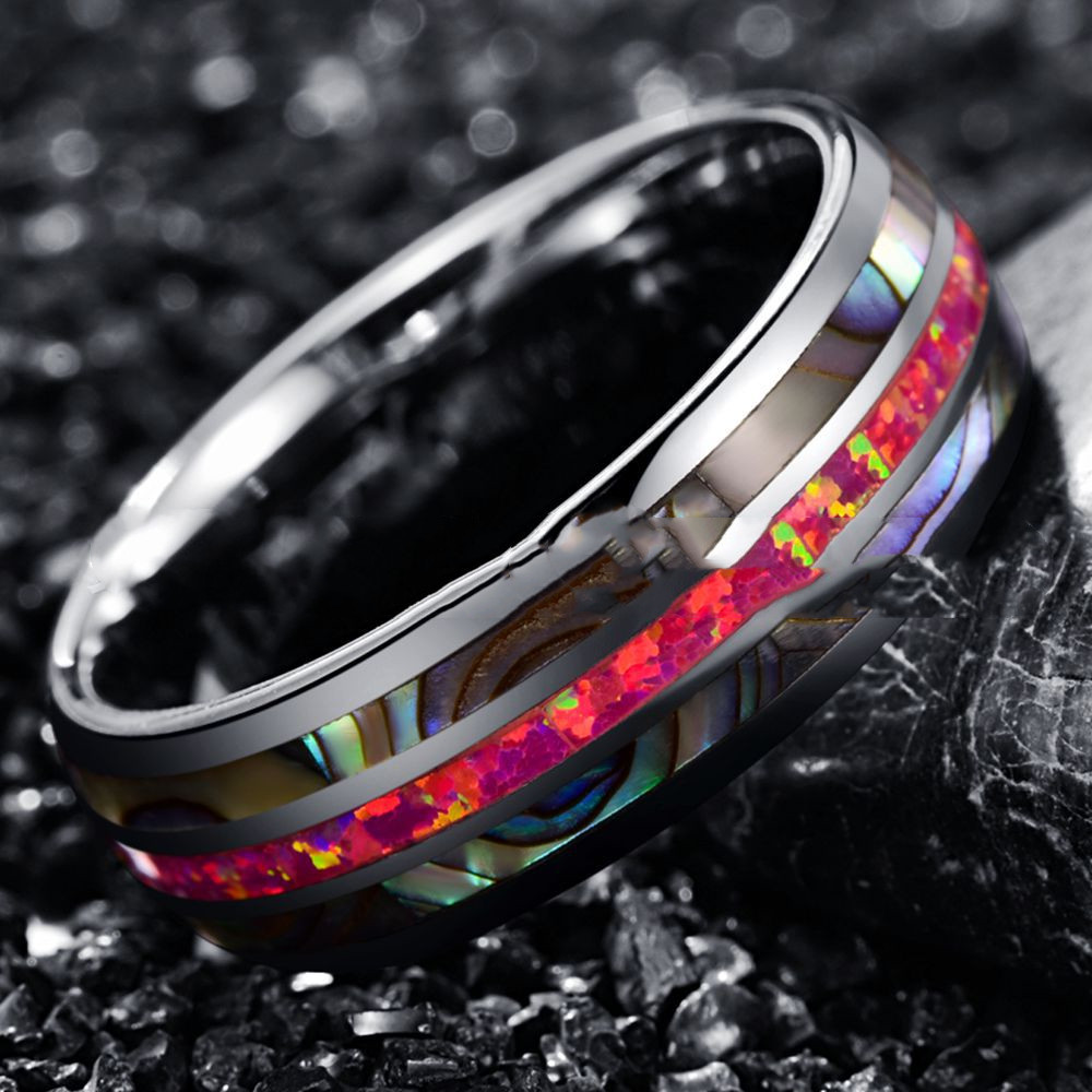 Wide Dome Abalone Shell Deep Magenta Opal Tungsten Ring