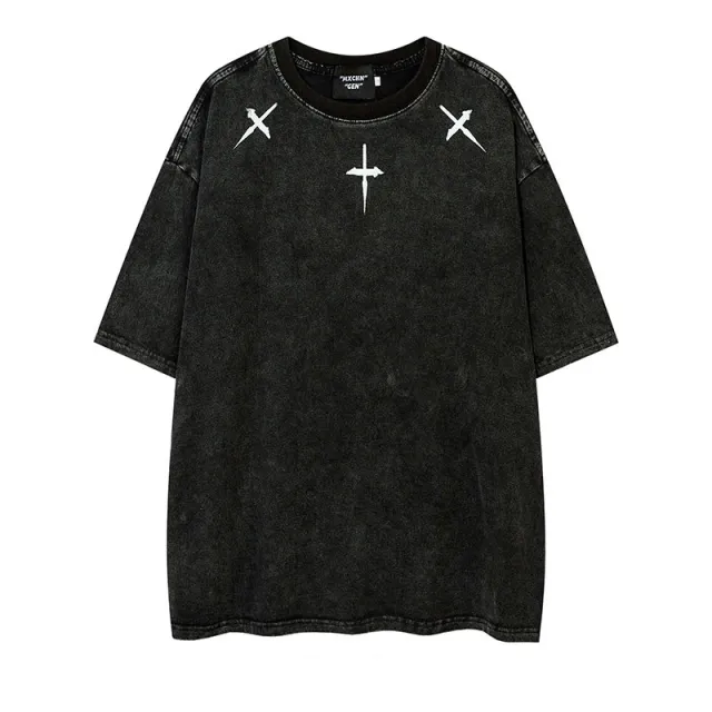 Wash Water And Make Old Personality Fashion Brand Loose Short Sleeve Black - Shop at LoveMi