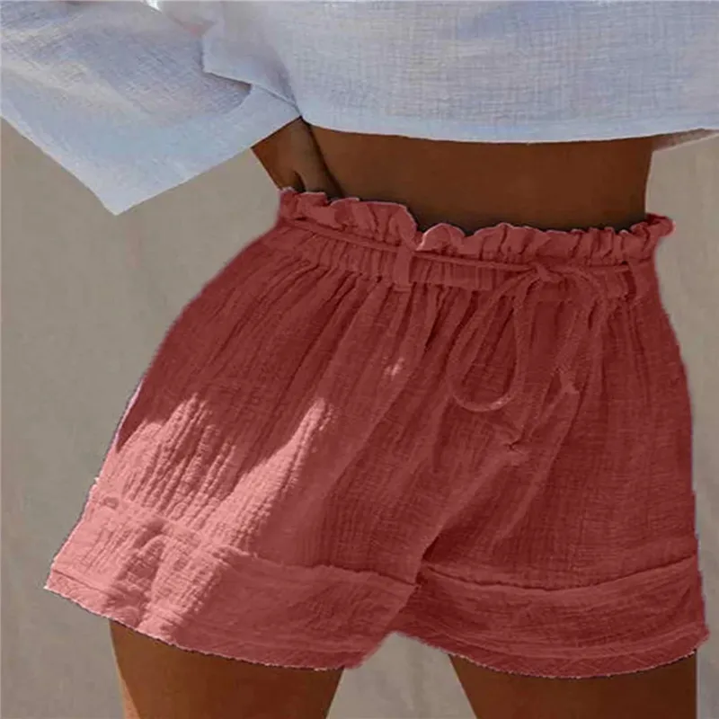 Solid Color Loose Pleated Elastic Belt High Waist Cotton And Linen Boho Shorts Hot Pants - Red