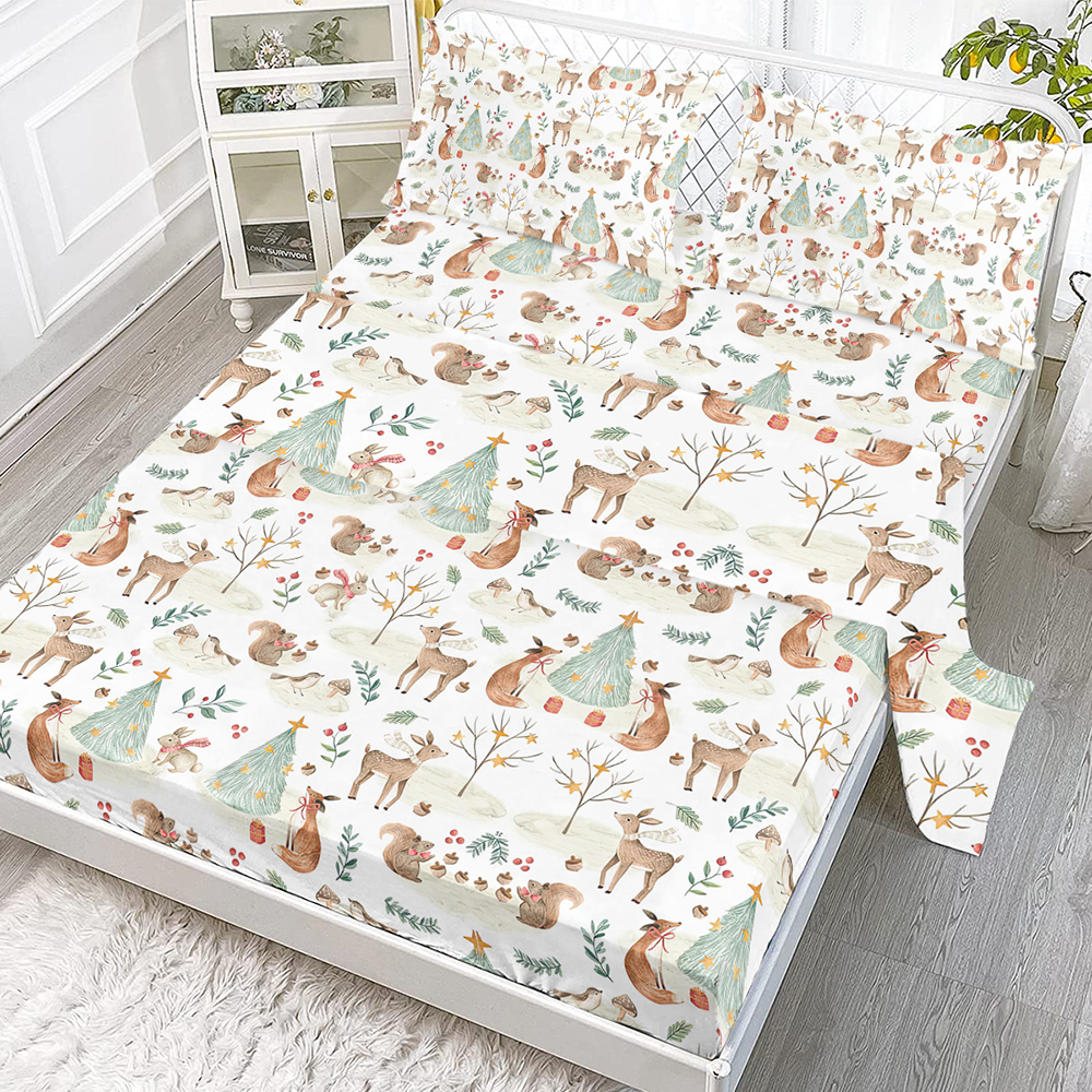 Sheet Set Kids - Cute Deer Fox 4 Pieces Soft Microfiber Cartoon Style Bedsheets For Boys Girls Teens, Breathable Deep Pocket Sheets Forest Animals