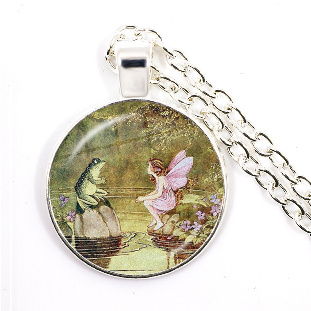 Vintage Frog Fairy Pendant Necklace Glass