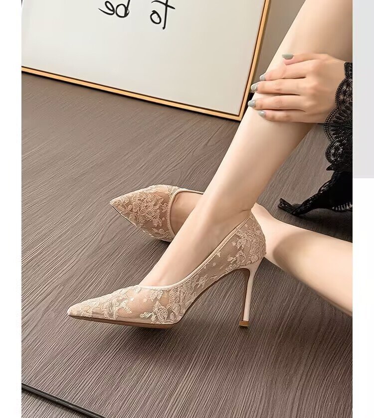 Women's Lace Mesh Pointed Toe Stiletto Pumps, Breathable Shallow Mouth High Heels, Sexy Elegant Commuter Dress Shoes