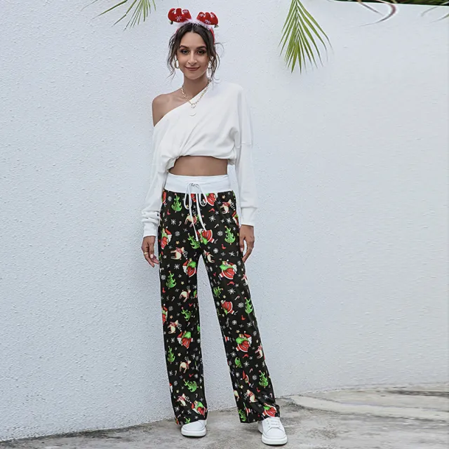 Lace up Casual Trousers Fashion Loose Tie Christmas Black B - Shop at LoveMi