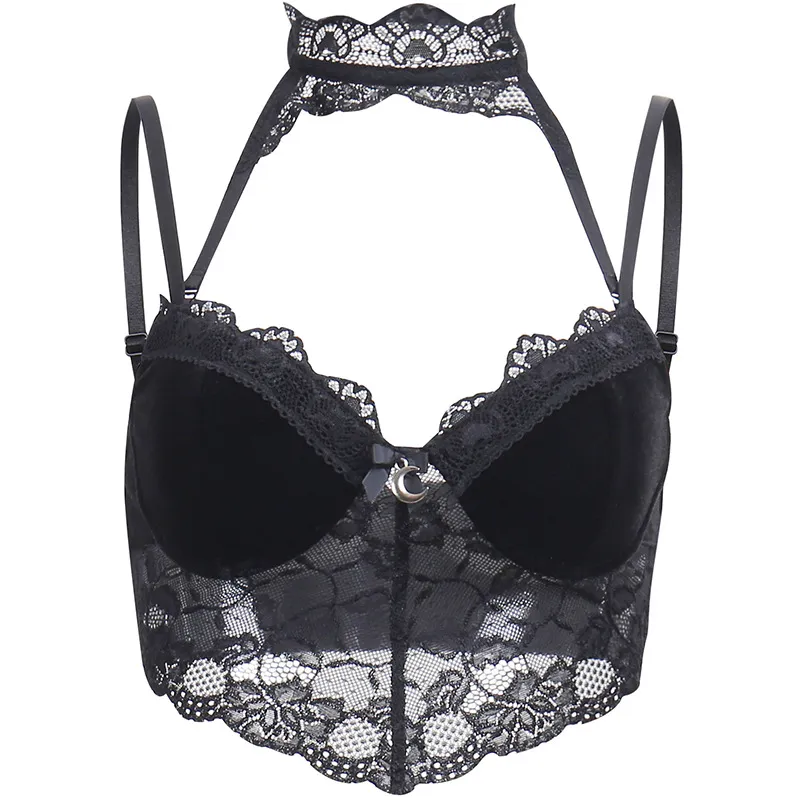 European And American Lace Hollow Deep V Suspenders Women - Black