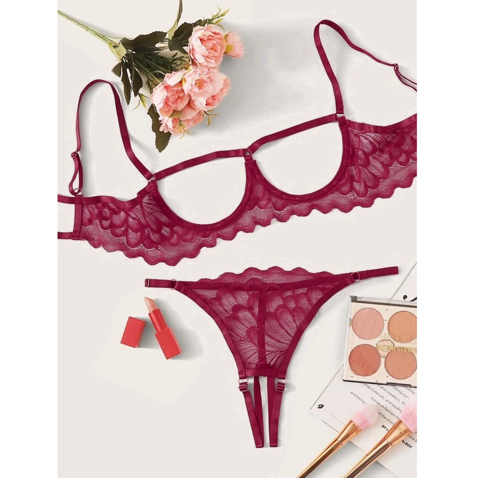 Semi-exposed Three-point Sling, Transparent Seductive Lace Underwear Sling, Open And Easy To Take Off, Two-piece Set