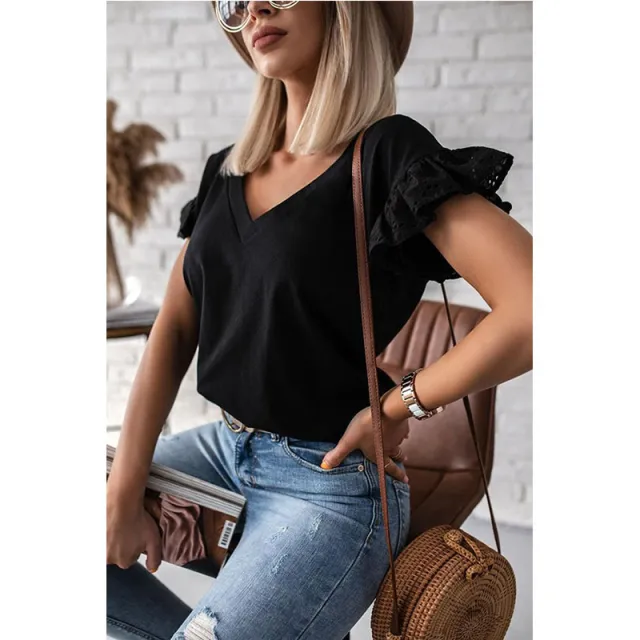 Women's Loose Top V neck Solid Color Short sleeved Shirt Black - Shop at LoveMi