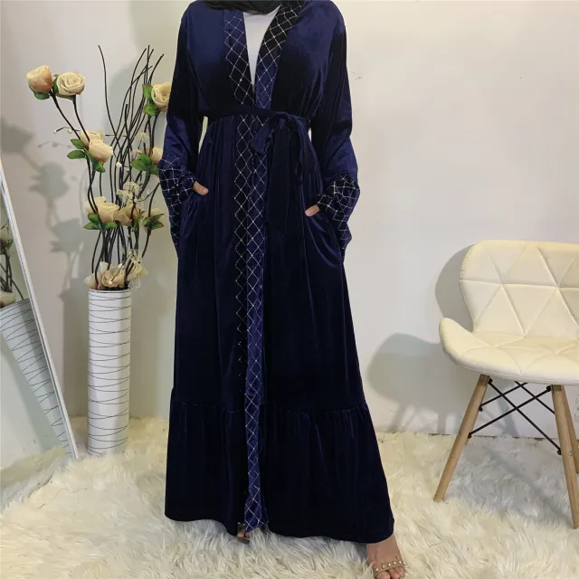 Golden Velvet Gilded Muslim Cardigan Robe Blue - Shop at LoveMi