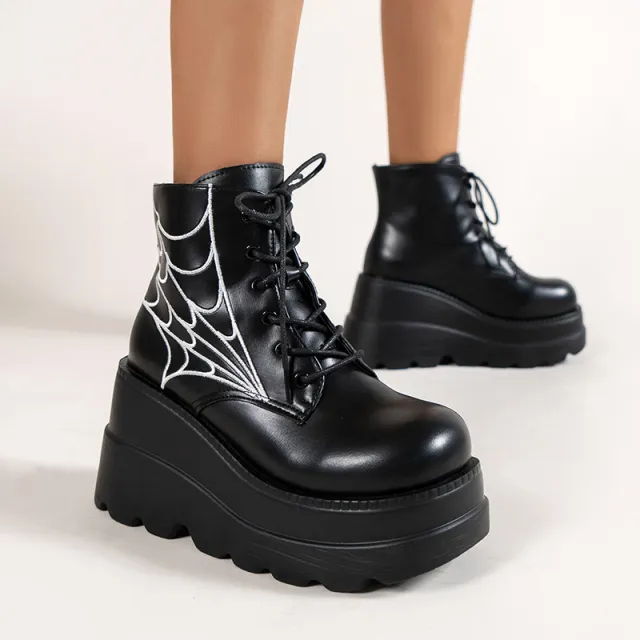 Black Martin Boots Fashion Spider Web Print Shoes Chunky Heel Boots For Women Black - Shop at LoveMi
