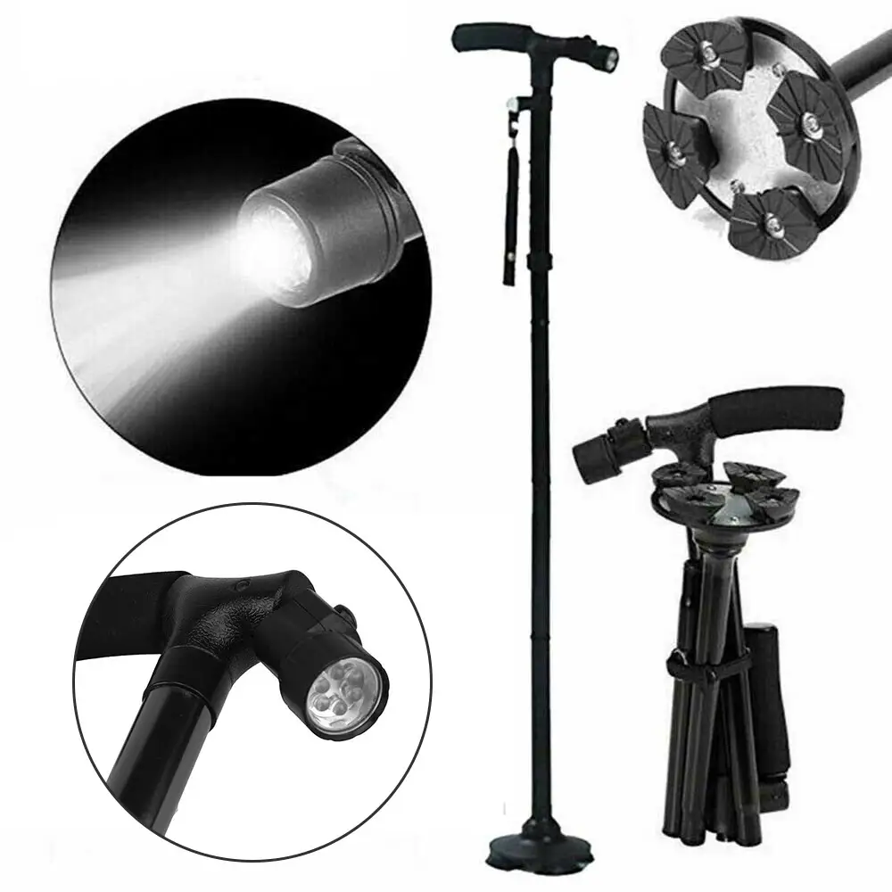 Folding LED Walking Stick Cane With Flashlight For Senior Aluminium Travel Hiking Cane Trekking Pole Crutch Handle Strap 5 Gears