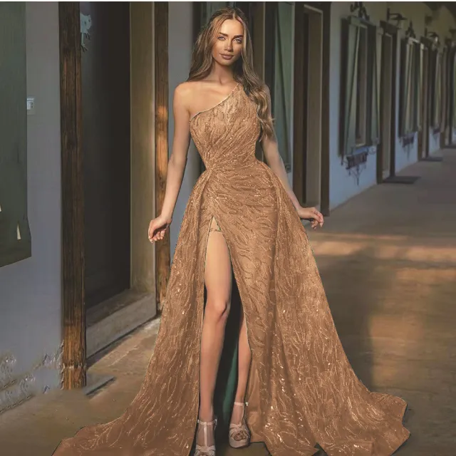 Women's Diagonal Shoulder Split Long Skirt Cocktail Dress Gold - Shop at LoveMi