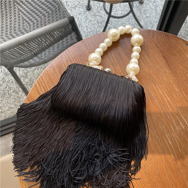 Ins Tassel Underarm Bag Female Pearl Chain Tote - Black