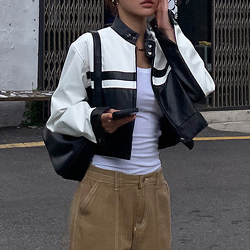 Ladies Street Spice Style Handsome Leather Jacket Black And White - Shop at LoveMi