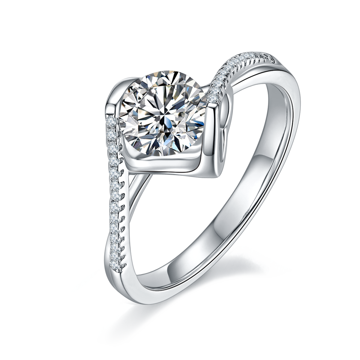 S925 Sterling Silver 1ct Moissanite Engagement Ring, D-VVS1 Round Cut With Heart Setting & Pave Band, Platinum Plated, US Sizes 5-9, GRA Certificate G