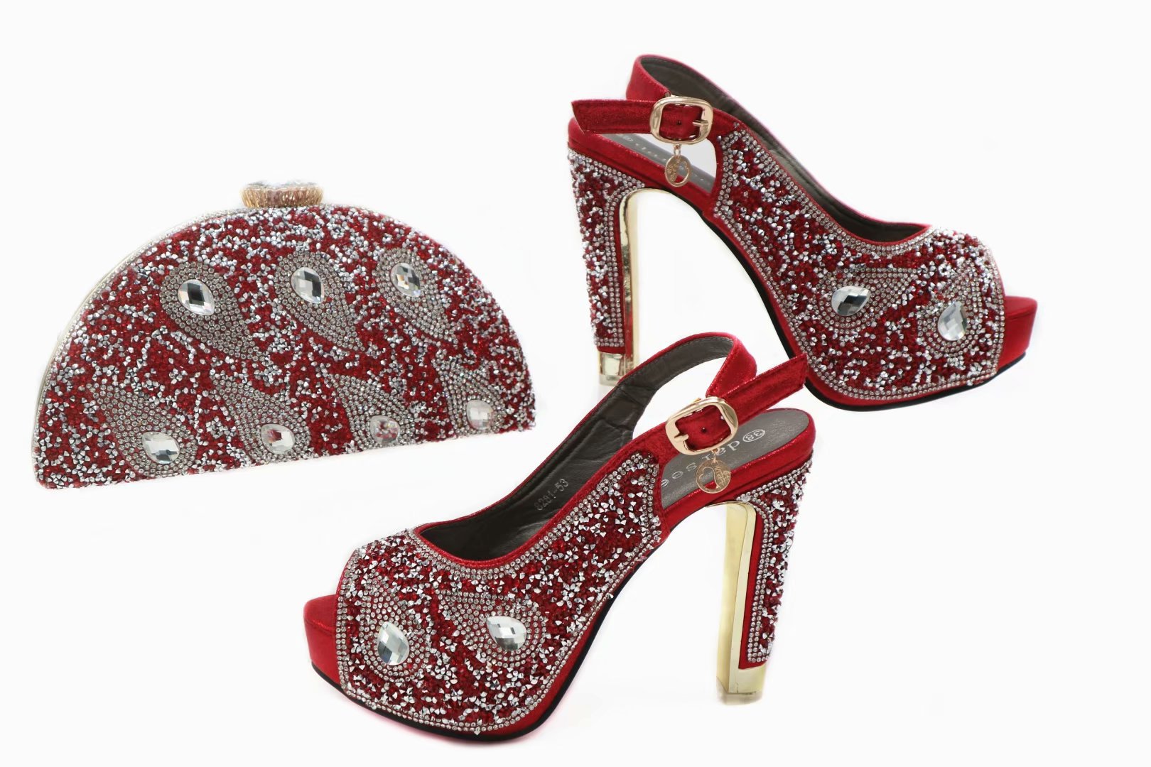 Burgundy Stiletto High Heels Fish Mouth Shoes With Rhinestones