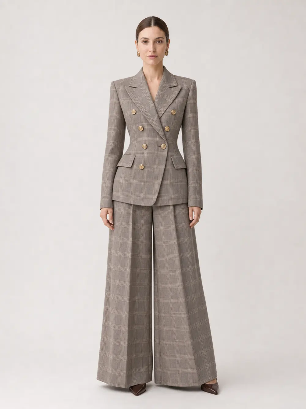 Taupe Plaid Double-Breasted Suit Two-Piece Set
